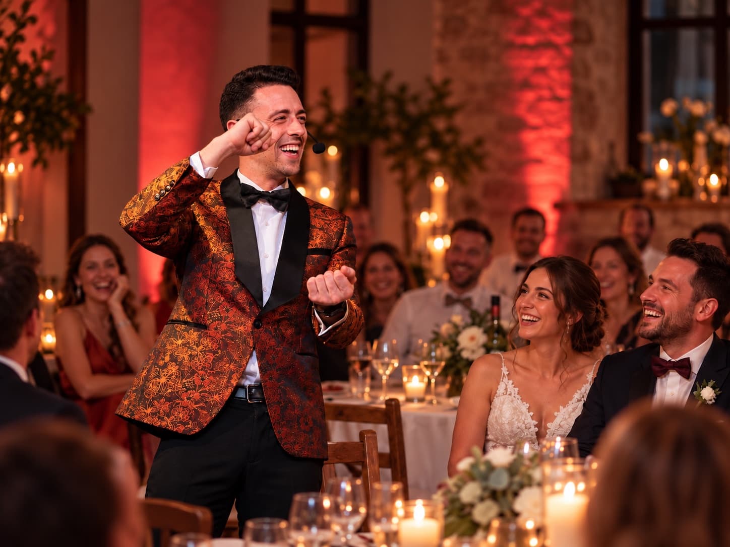Alexander Main actuando en el banquete mientras los novios ríen en su mesa