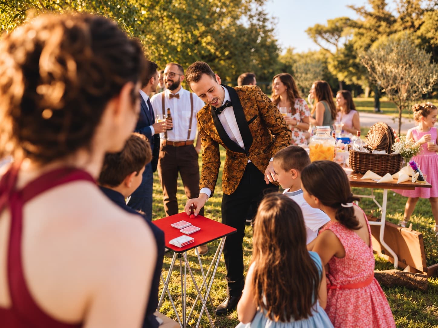 Alexander Main haciendo magia de cerca con cartas para niños y adultos en el jardín de una comunión