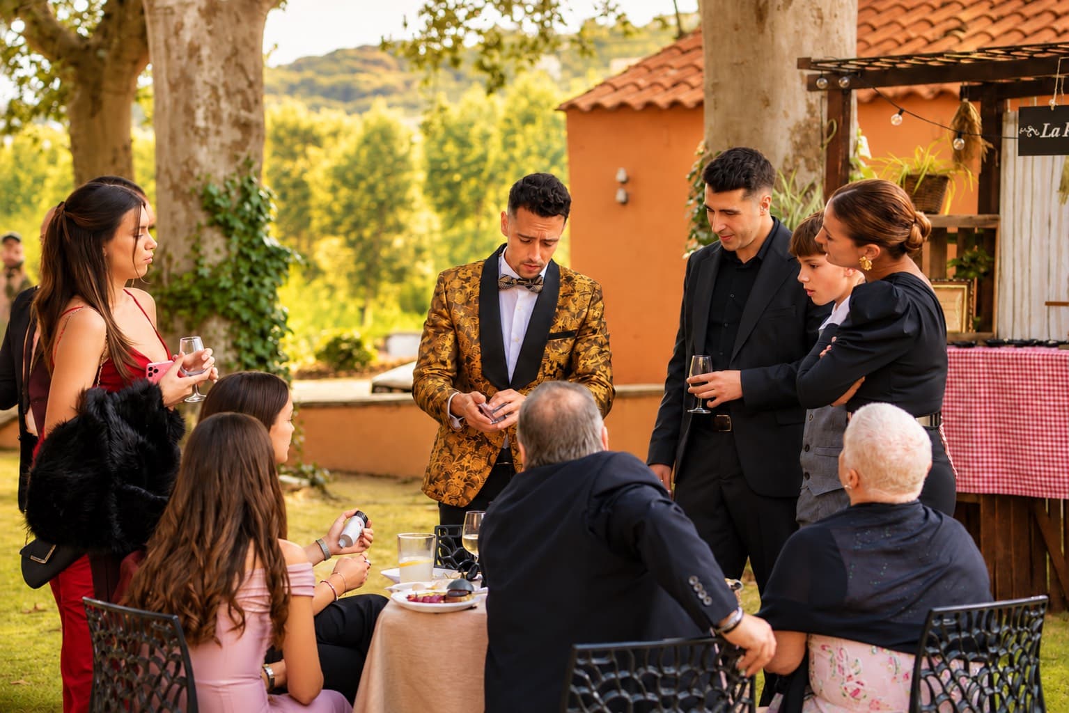 Alexander Main fent màgia de prop amb cartes per a un grup de convidats en un jardí
