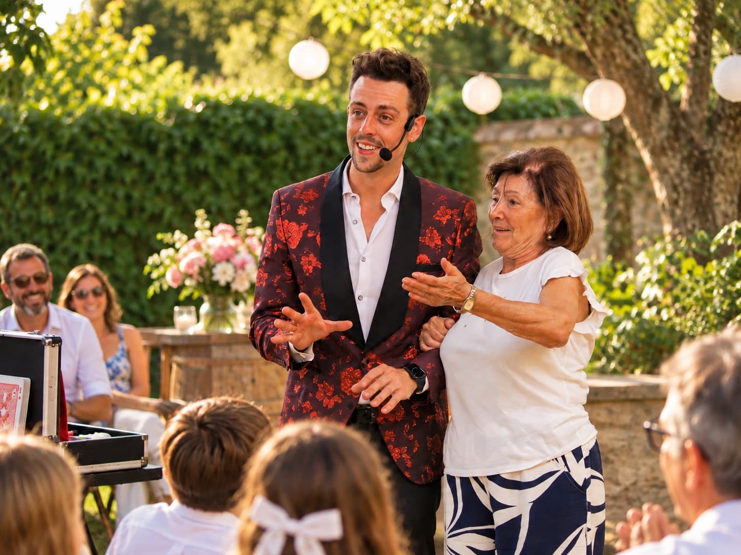 Alexander Main en pleno espectáculo con una invitada ante el público de una fiesta al aire libre