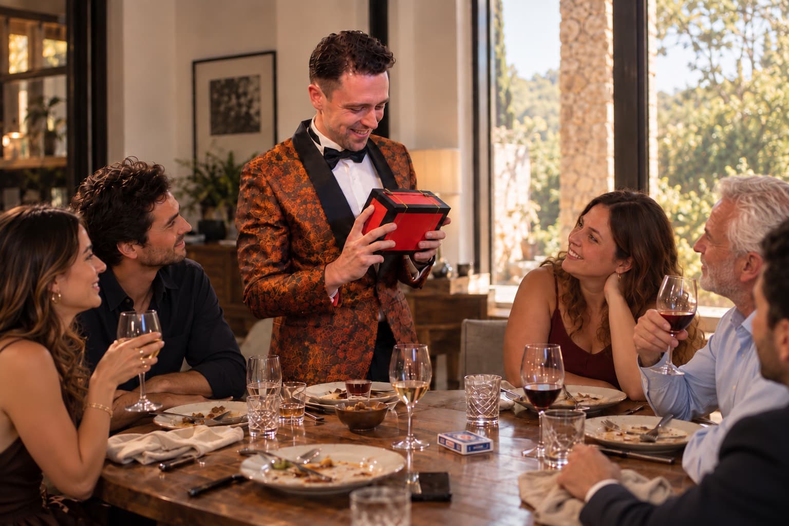 Alexander Main mostrant una caixa vermella als comensals d'un sopar entre amics