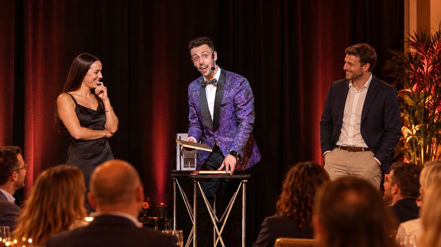 Alexander Main a l'escenari d'una gala d'empresa amb dos voluntaris del públic