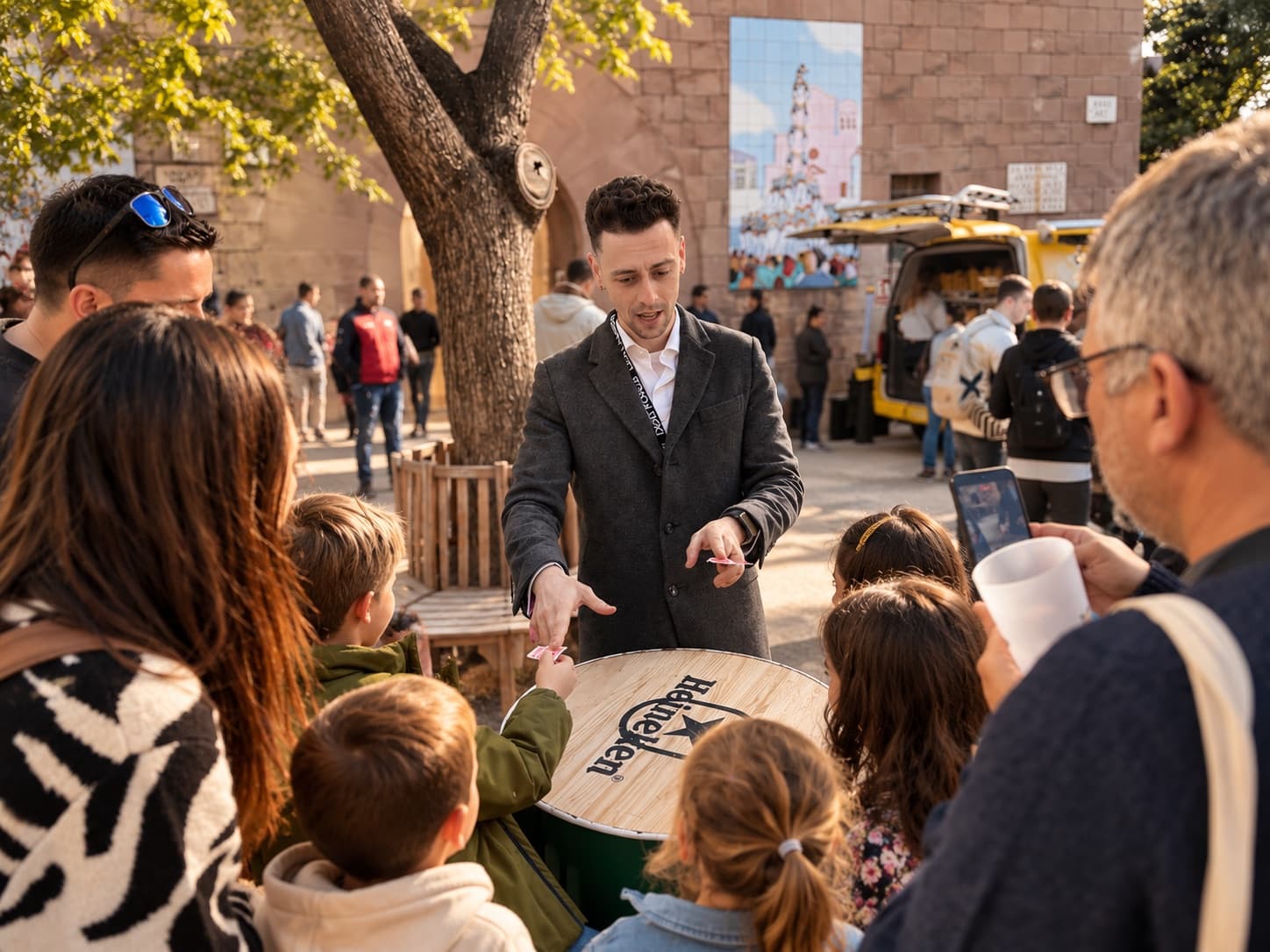 Alexander Main fent màgia de prop amb cartes entre nens i adults al carrer