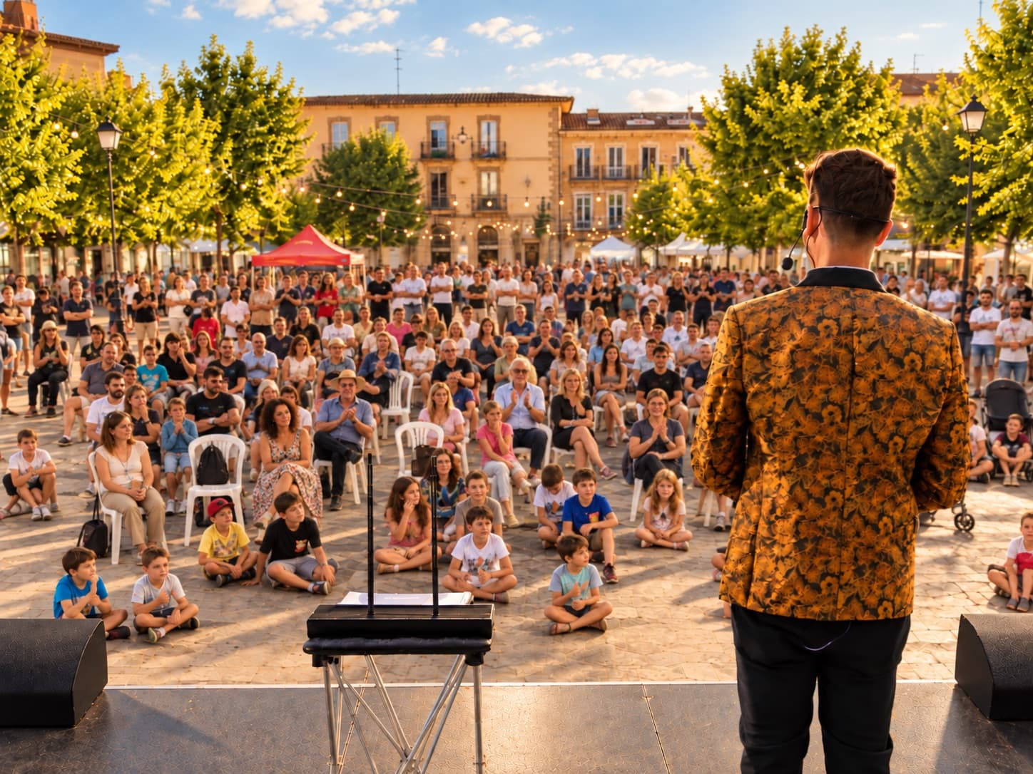 Alexander Main d'esquena a l'escenari davant d'una plaça plena de públic
